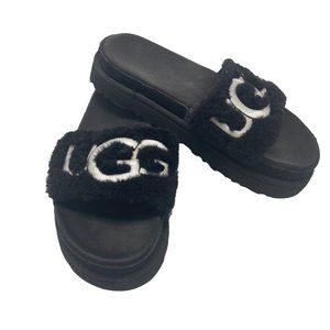 Ugg Laton Fur Slides Women Sz 9 Black Platform Sandals Big Logo 1111236 Comfort